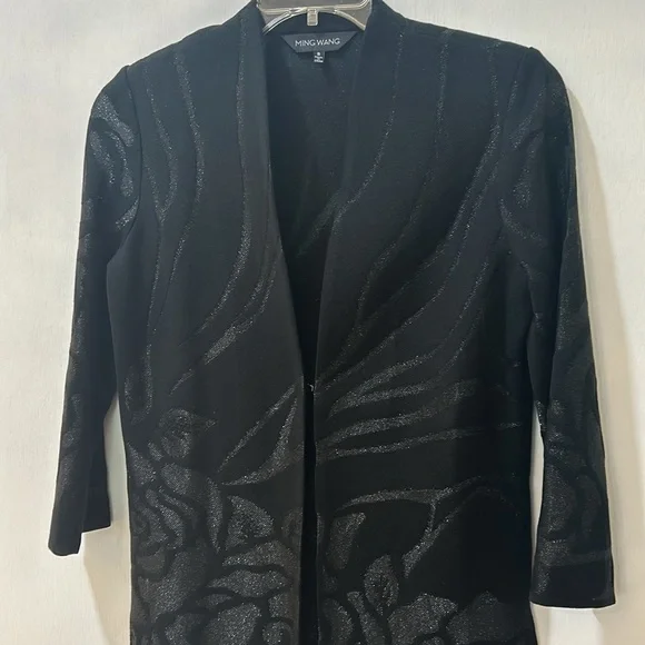 MING WANG OPEN CARDIGAN SWEATER WOMEN Sz SMALL BLACK FLORAL LONG SLEEVES - Picture 4 of 13